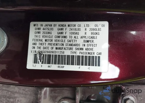 2009 Acura Tsx из США, поврежденный, VIN JH4CU26609C011258